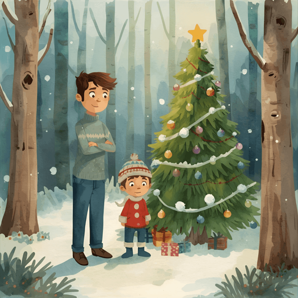 Weihnachtsgeschichte Weihnachtsbaum und Papa und Sohn