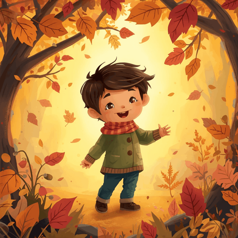 Kindergeschichte Herbst Junge im Laub