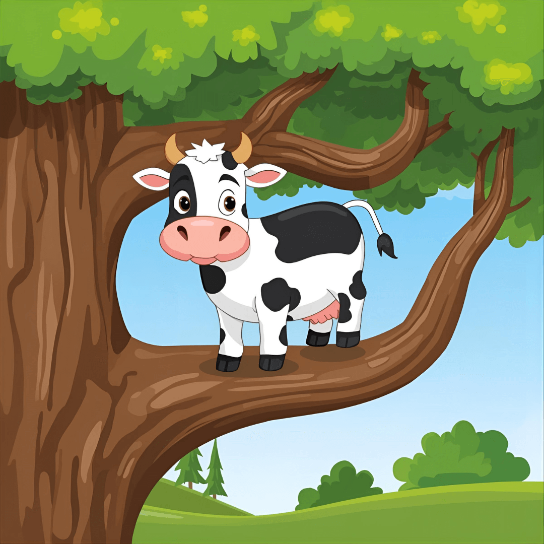 Lustige Kindergeschichte Kuh auf dem Baum