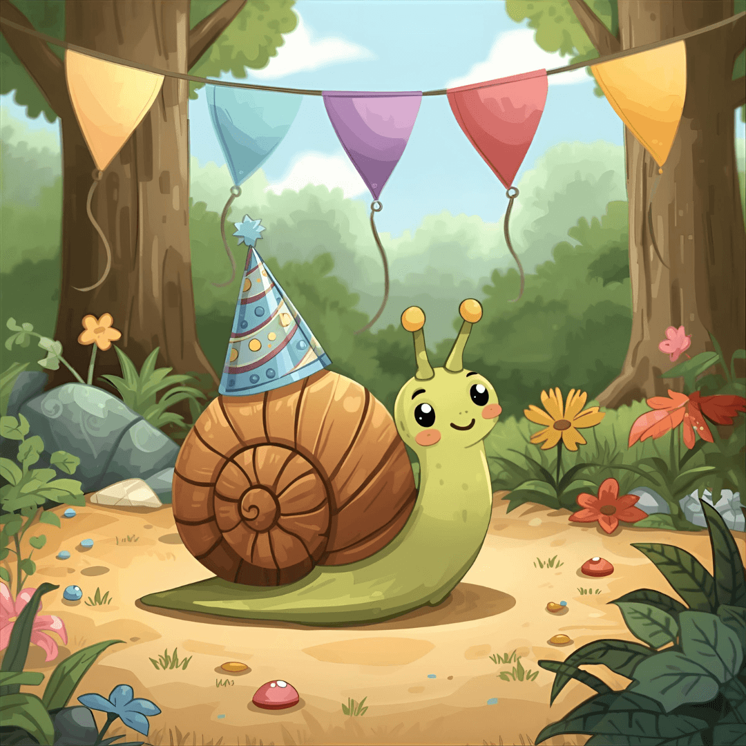 Lustige Kindergeschichte Schnecke mit Partyhut