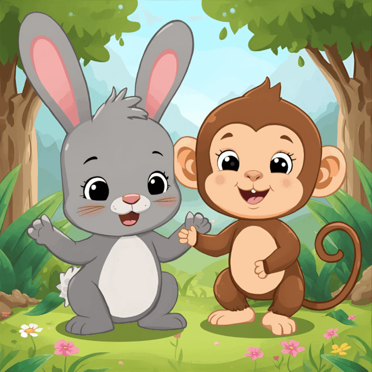 Lustige Kindergeschichte Hase Hugo im Zoo mit Affe