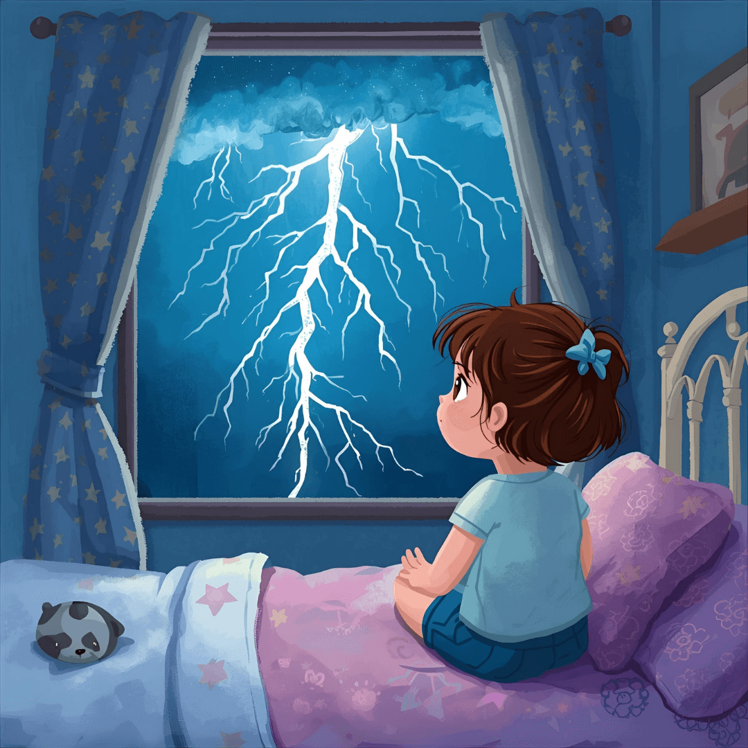 Kindergeschichte Mut Mädchen am Fenster mit Gewitter