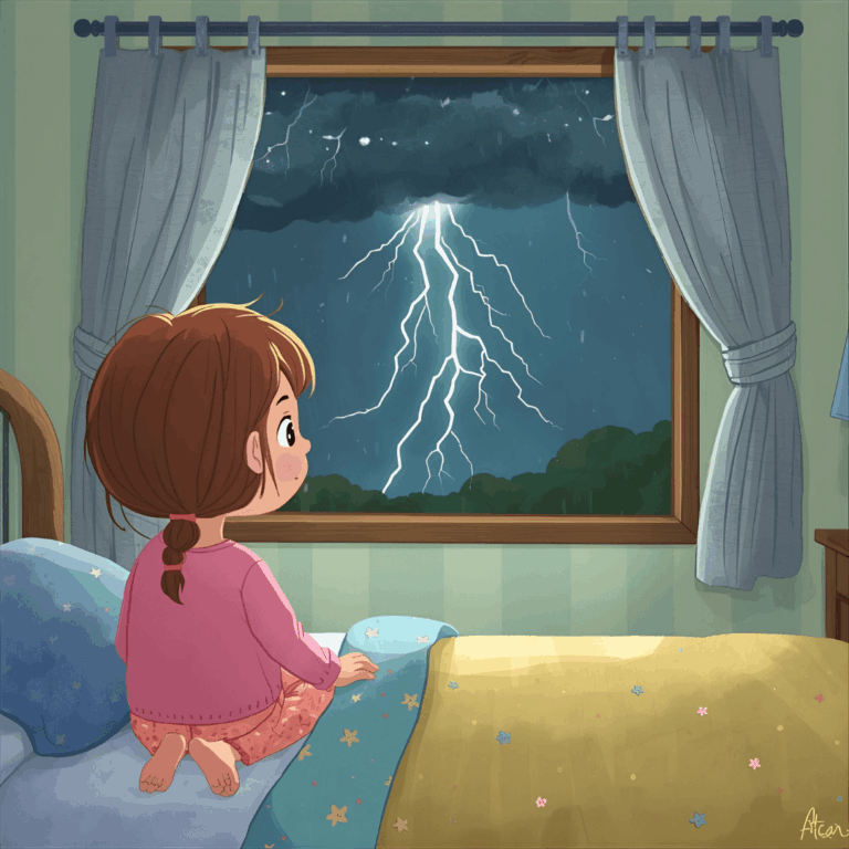 Kindergeschichte Mut Mädchen am Fenster mit Gewitter
