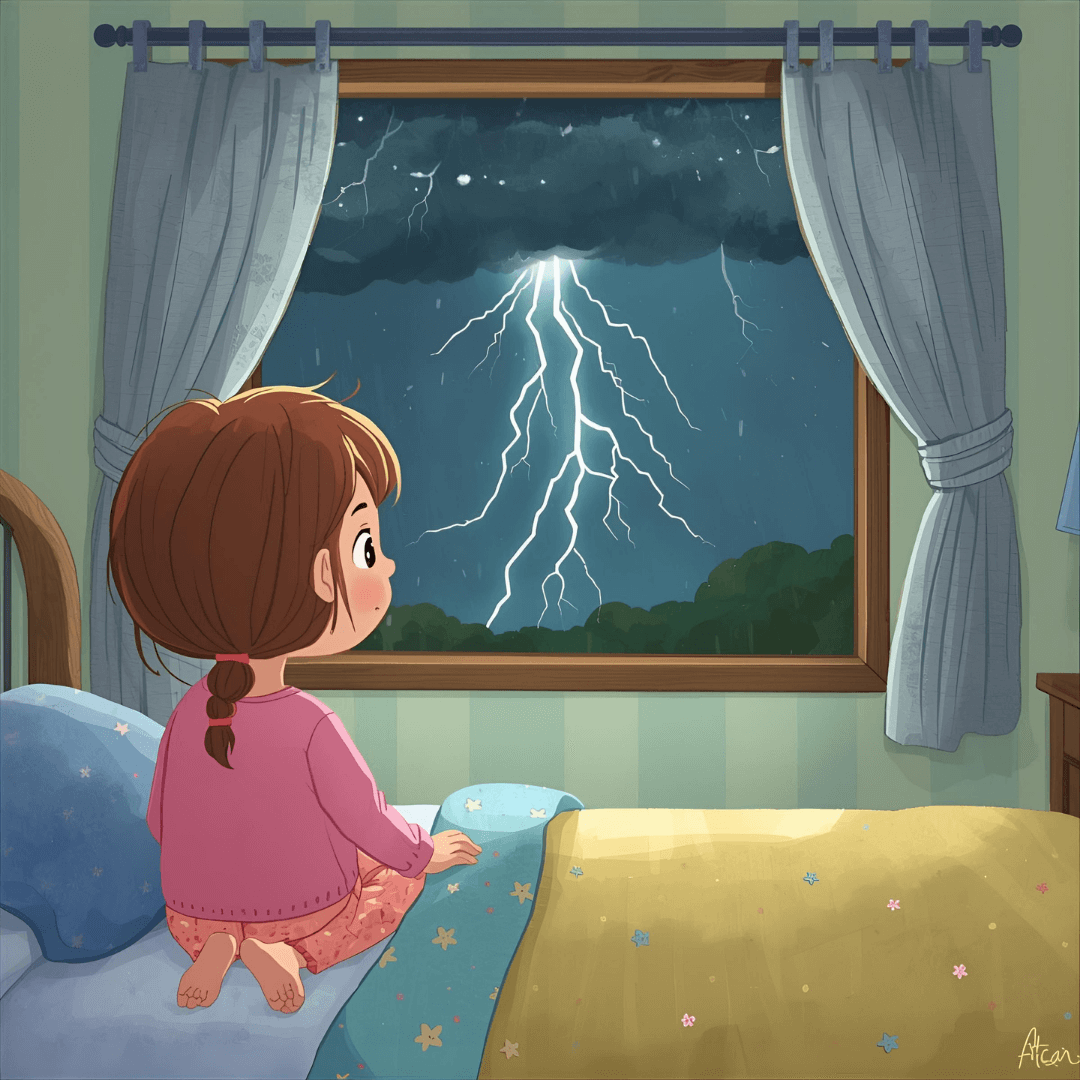 Kindergeschichte Mut Mädchen am Fenster mit Gewitter