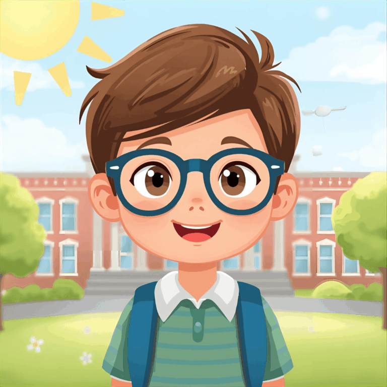 Kindergeschichte Schule Junge mit Brille