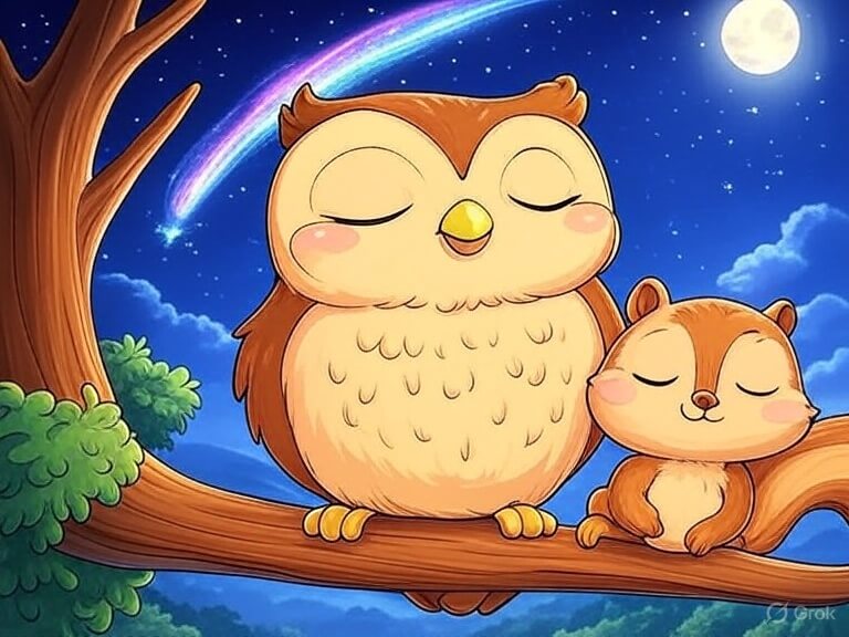 Gute Nacht Geschichte Eule und Eichhörnchen mit Sternschnuppe