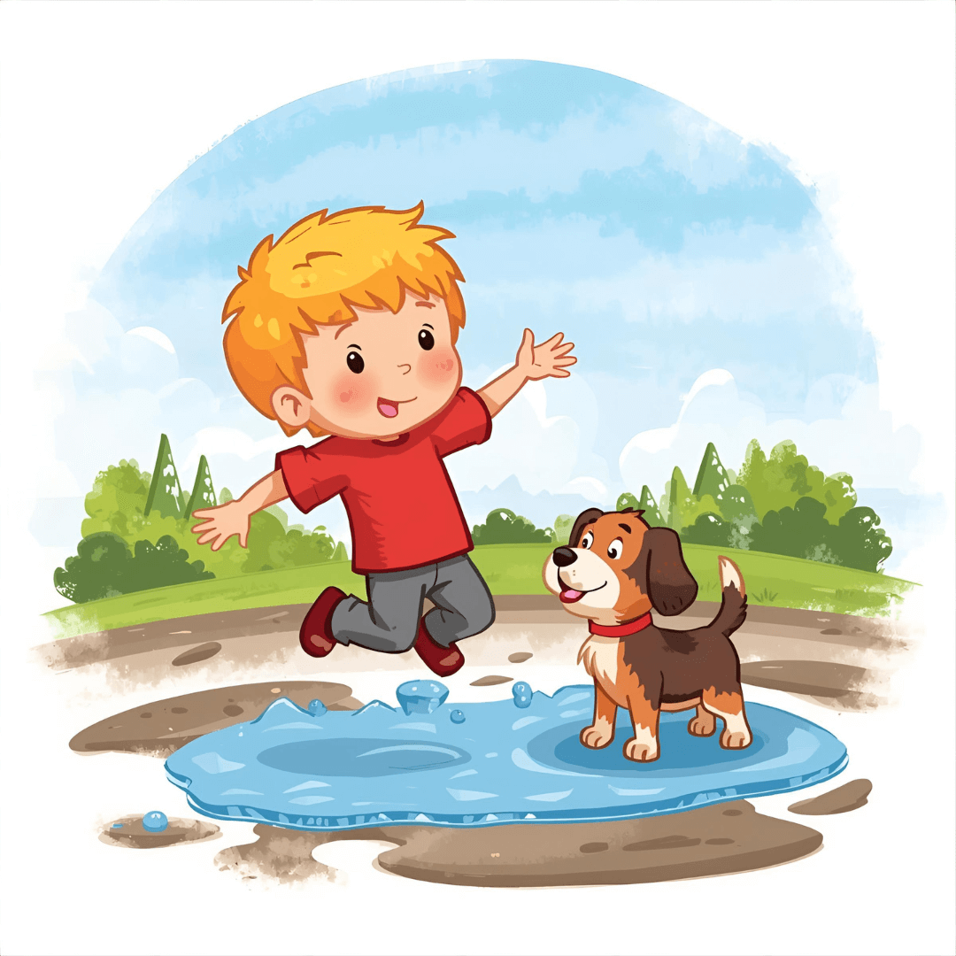 Kindergeschichte Junge und Hund in einer Pfütze
