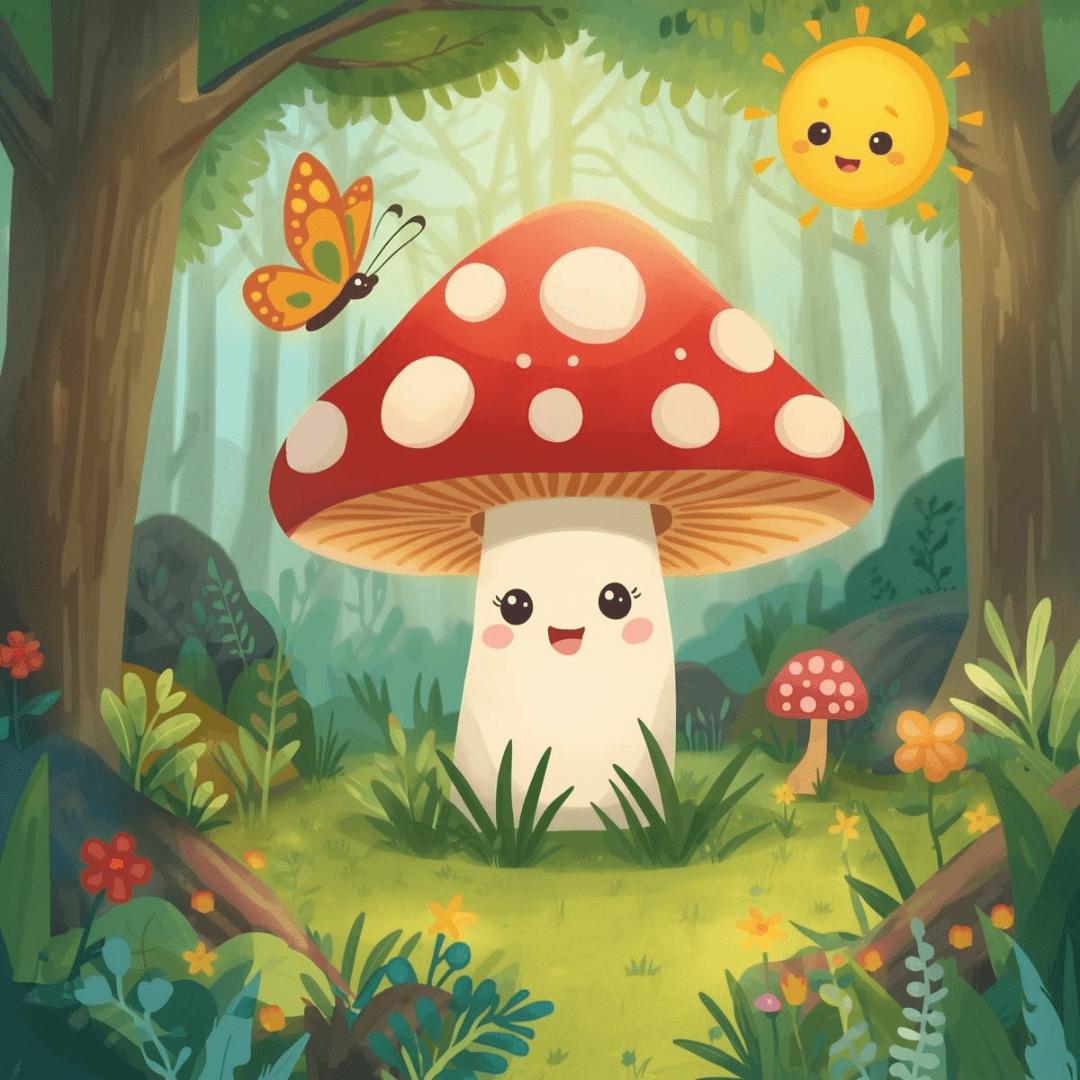 Freundegeschichte für Kinder Pilz mit Sonne und Schmetterling