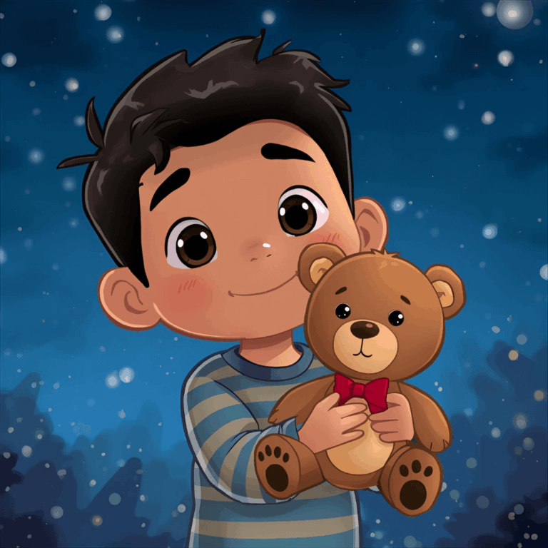Kindergeschichte Junge mit Teddy bei Nacht