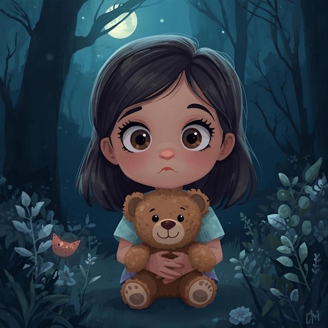 Kindergeschichte Mädchen mit Teddy bei Nacht