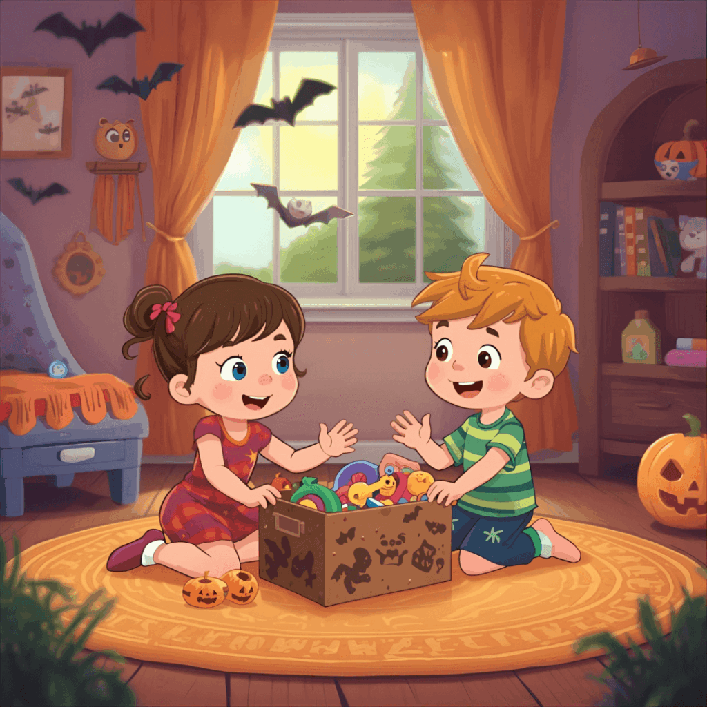 Kindergeschichte Halloween Kinder und Spielzeugkiste