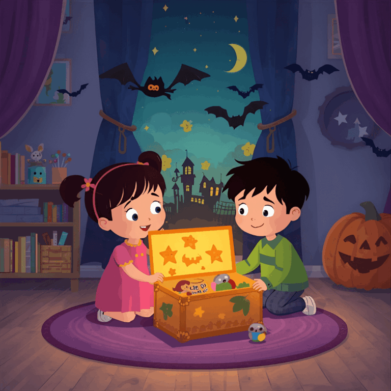 Kindergeschichte Halloween Kinder und Spielzeugkiste