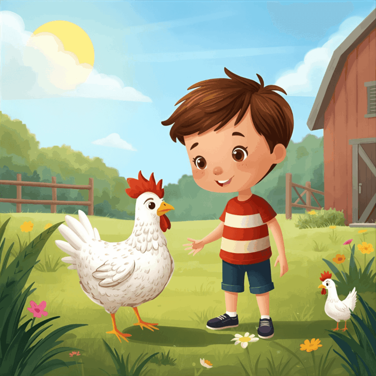 Kindergeschichte Bauernhof Junge und Huhn