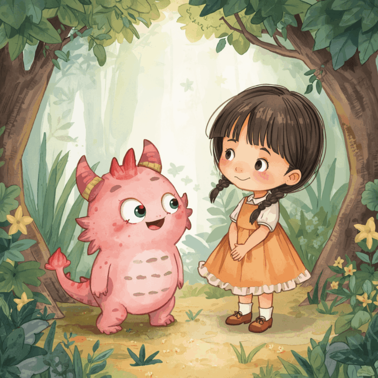 Kindergeschichte Mädchen und pinkes Monster im Wald