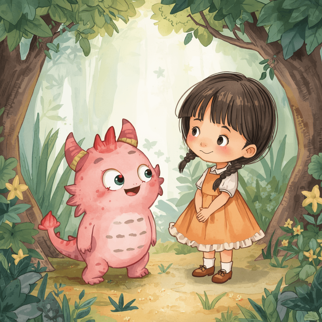 Kindergeschichte Mädchen und pinkes Monster im Wald