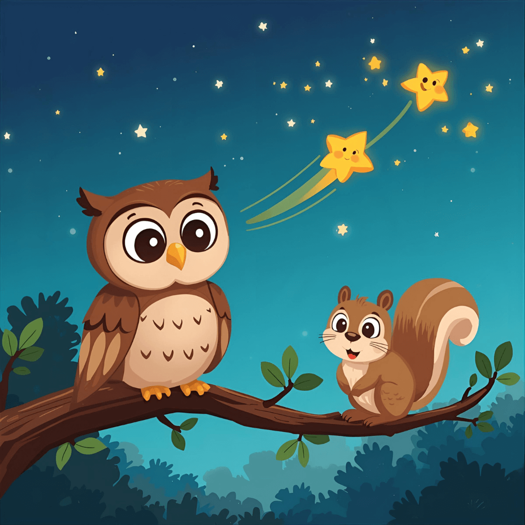 Gute Nacht Geschichte Eule und Sternschnuppe und Eichhörnchen