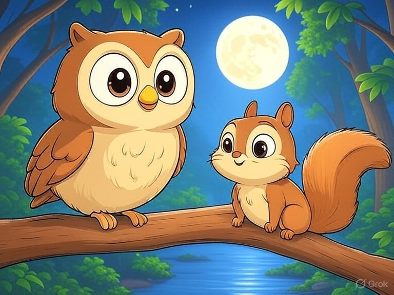Gute Nacht Geschichte für Kinder Eule und Eichhörnchen