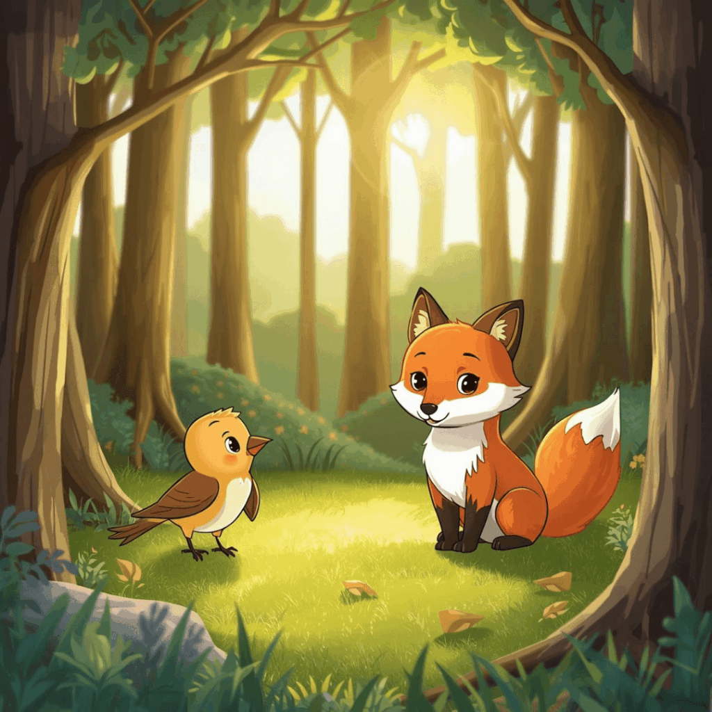 Freundegeschichte für Kinder Vögelchen him Wald mit einem Fuchs