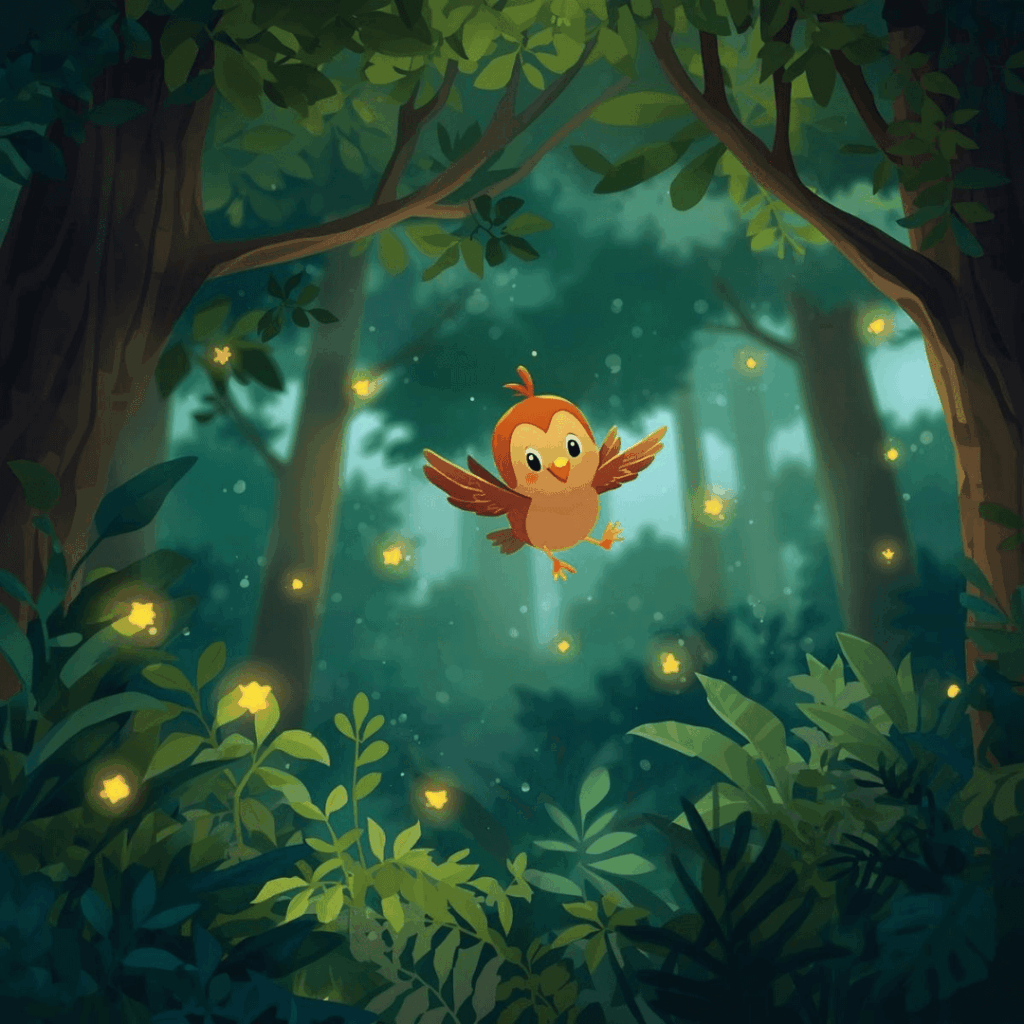 Freundegeschichte für Kinder Vögelchen fliegt bei Nacht im Wald