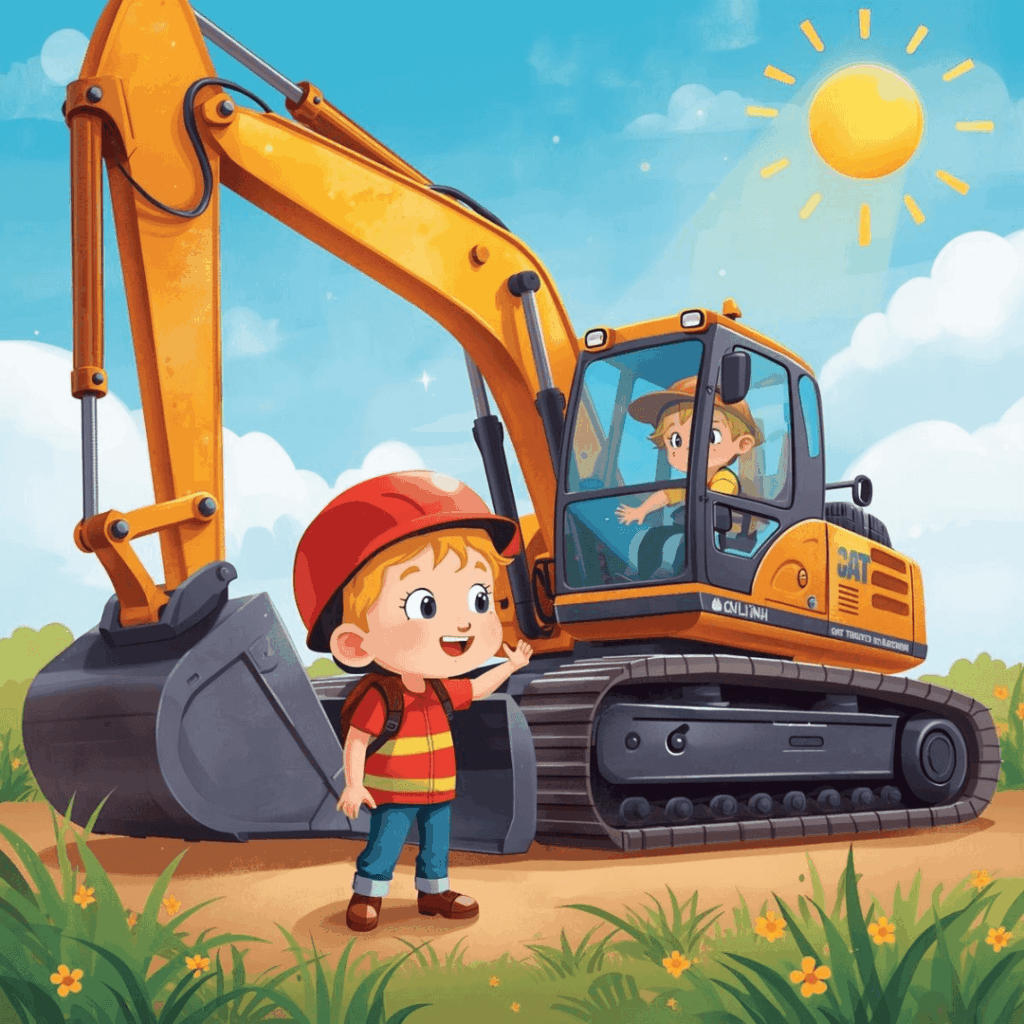 Kindergeschichte Bagger und ein Junge mit Helm