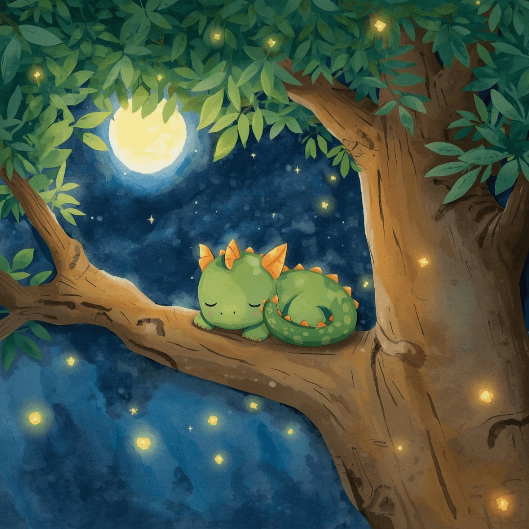 Mutgeschichte für Kinder Drache schläft auf einem Baum