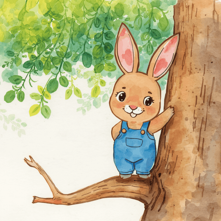 Osterhasen Geschichte für Kinder Osterhase mit Latzhose auf dem Baum