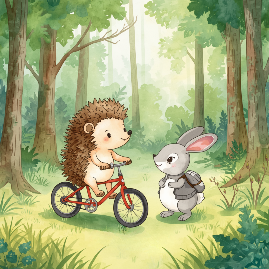 Ostergeschichte für Kinder Igel und Hase auf einem Fahrrad